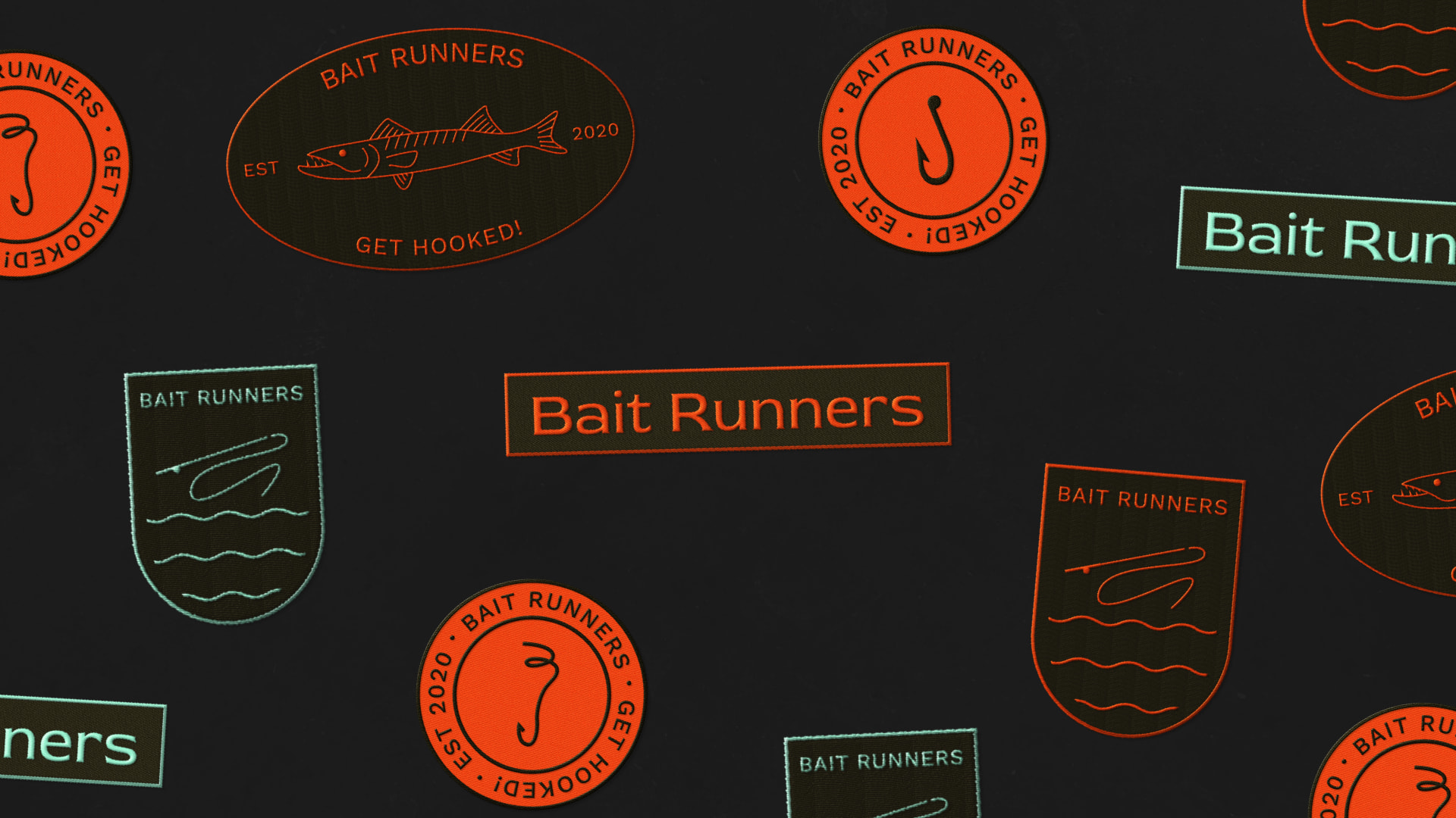 fishing badges as embroidered patches with hooks fishes and fishing related assets